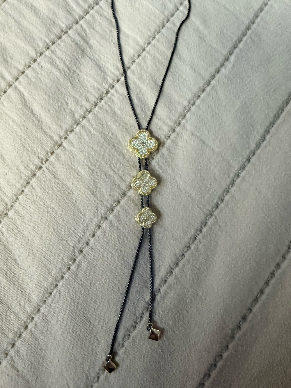 Yellow Gold Clover Lariat Slider Gunmetal Necklace